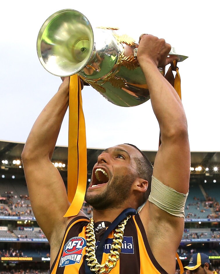 2015 Toyota AFL Grand Final - Hawthorn v West Coast MELBOURNE, AUSTRALIA - OCTOBER 3: Josh Gibson of the Hawks celebrates after the 2015 Toyota AFL Grand Final match between the Hawthorn Hawks and the West Coast Eagles at the Melbourne Cricket Ground, Melbourne, Australia on October 3, 2015. (Photo by Adam Trafford/AFL Media)
